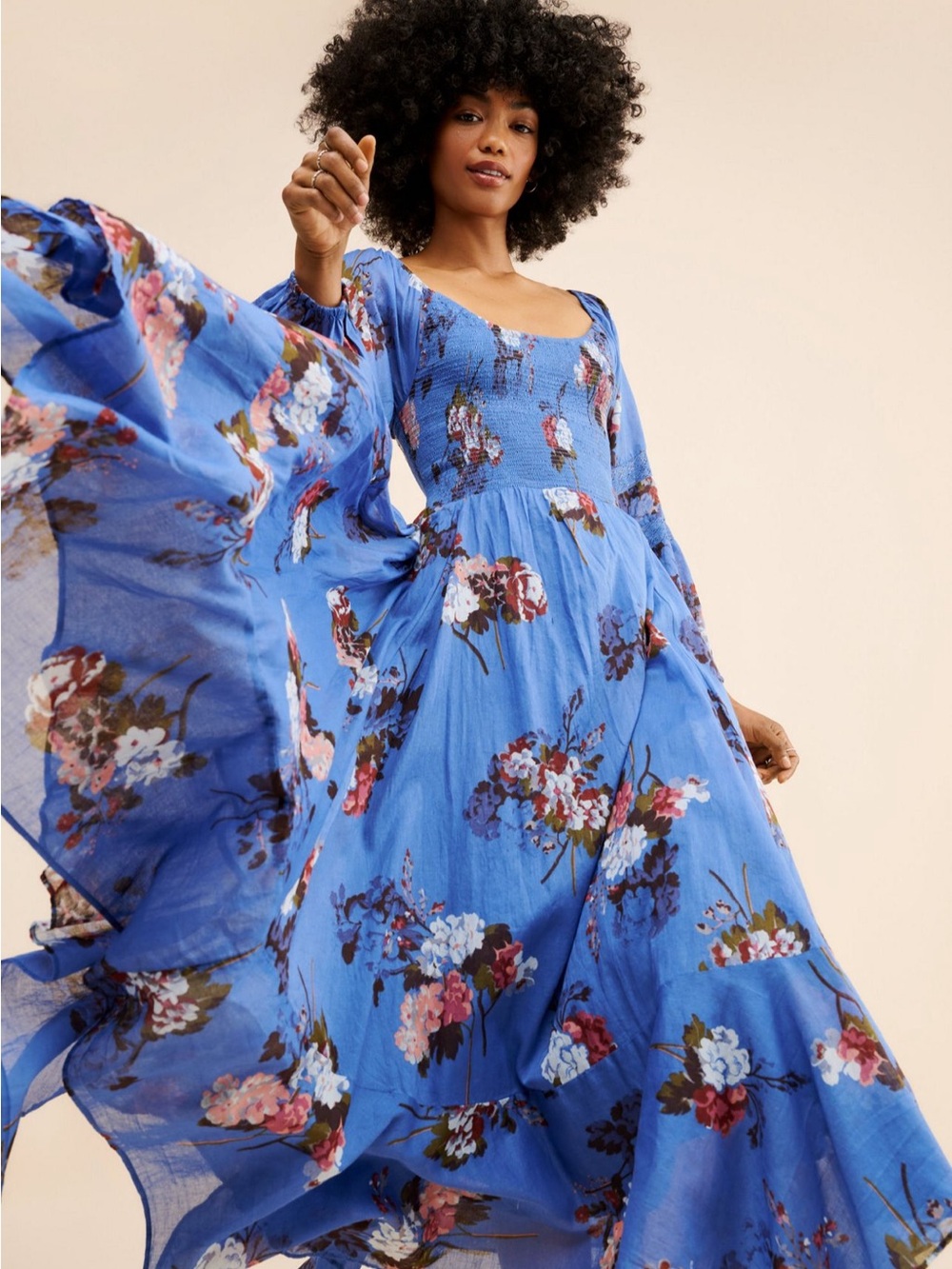 Free People Morning Glory Maxi Dress Blue Floral Maxi Dress Smocked NWT wedding - Picture 1 of 11